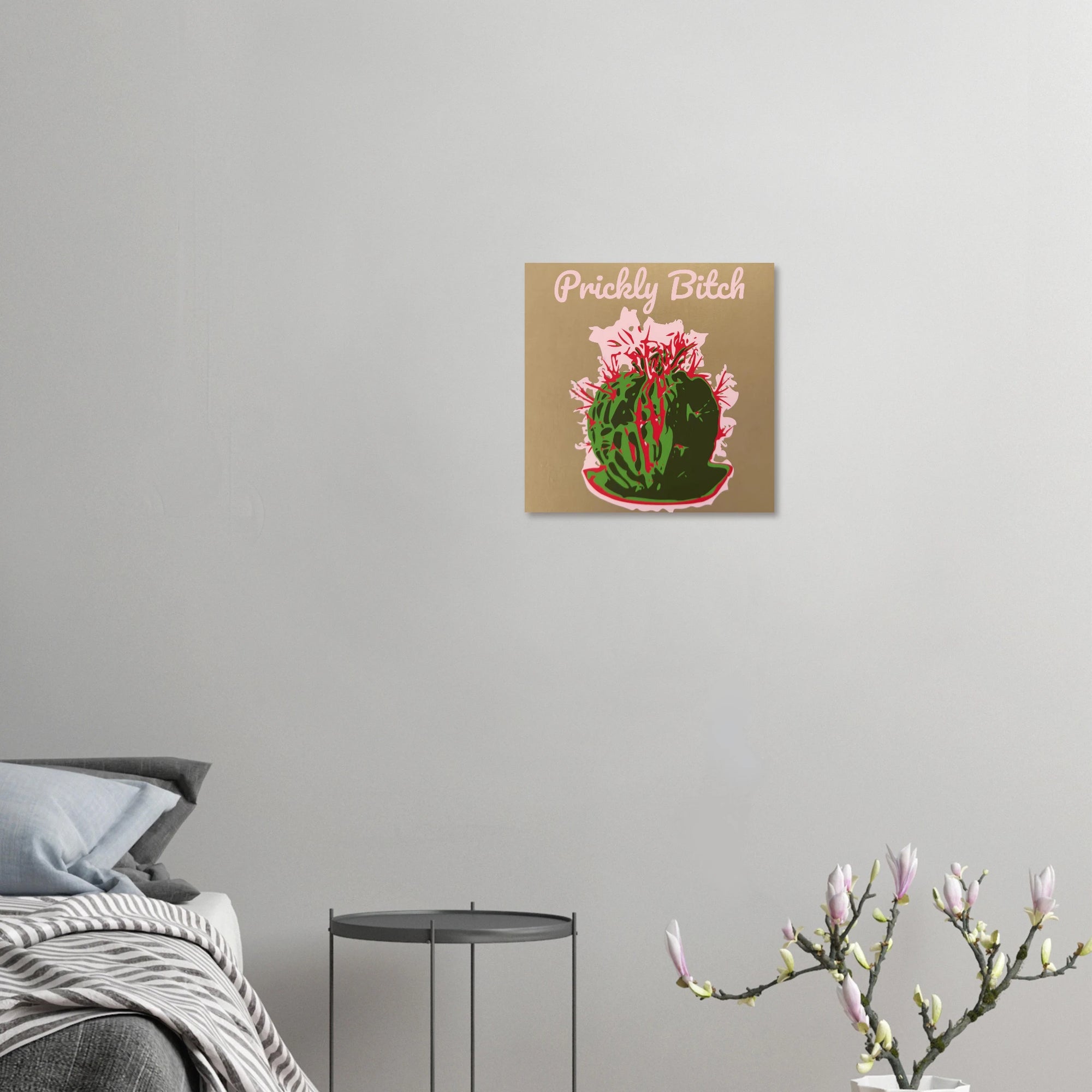Prickly Bitch cactus crown print displayed in modern living room with neutral walls