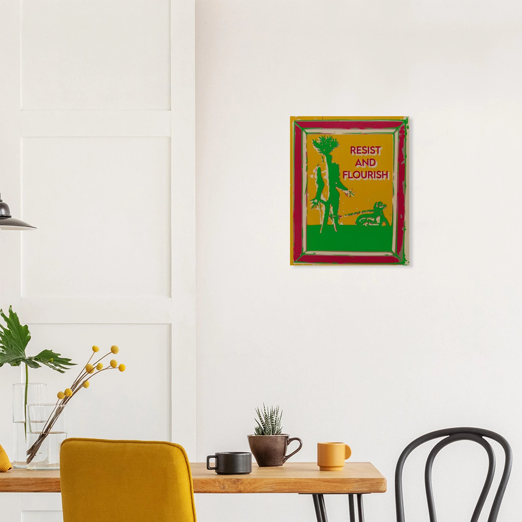 Resist and Flourish mandrake with dog print displayed in modern living room with neutral walls