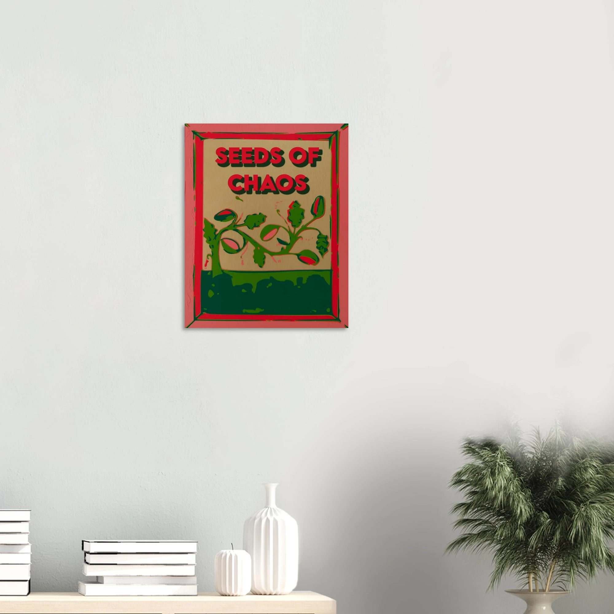 Seeds of Chaos watermelon vine print on textured dark wall above white sofa
