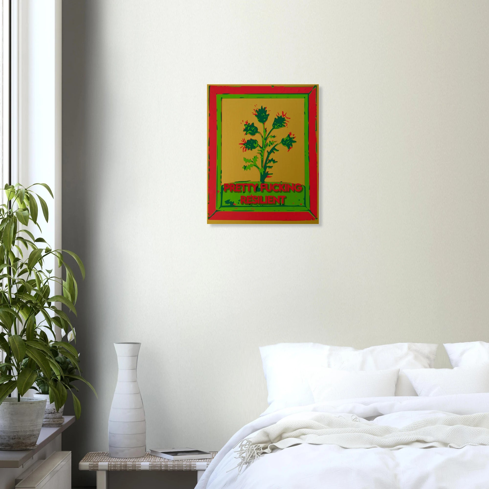 Pretty Fucking Resilient thistle print in scandinavian style room with plants