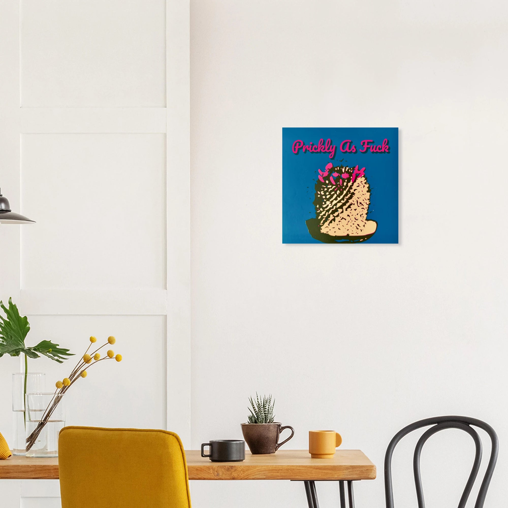 Prickly As Fuck cactus print in warm bohemian room with macrame wall hanging