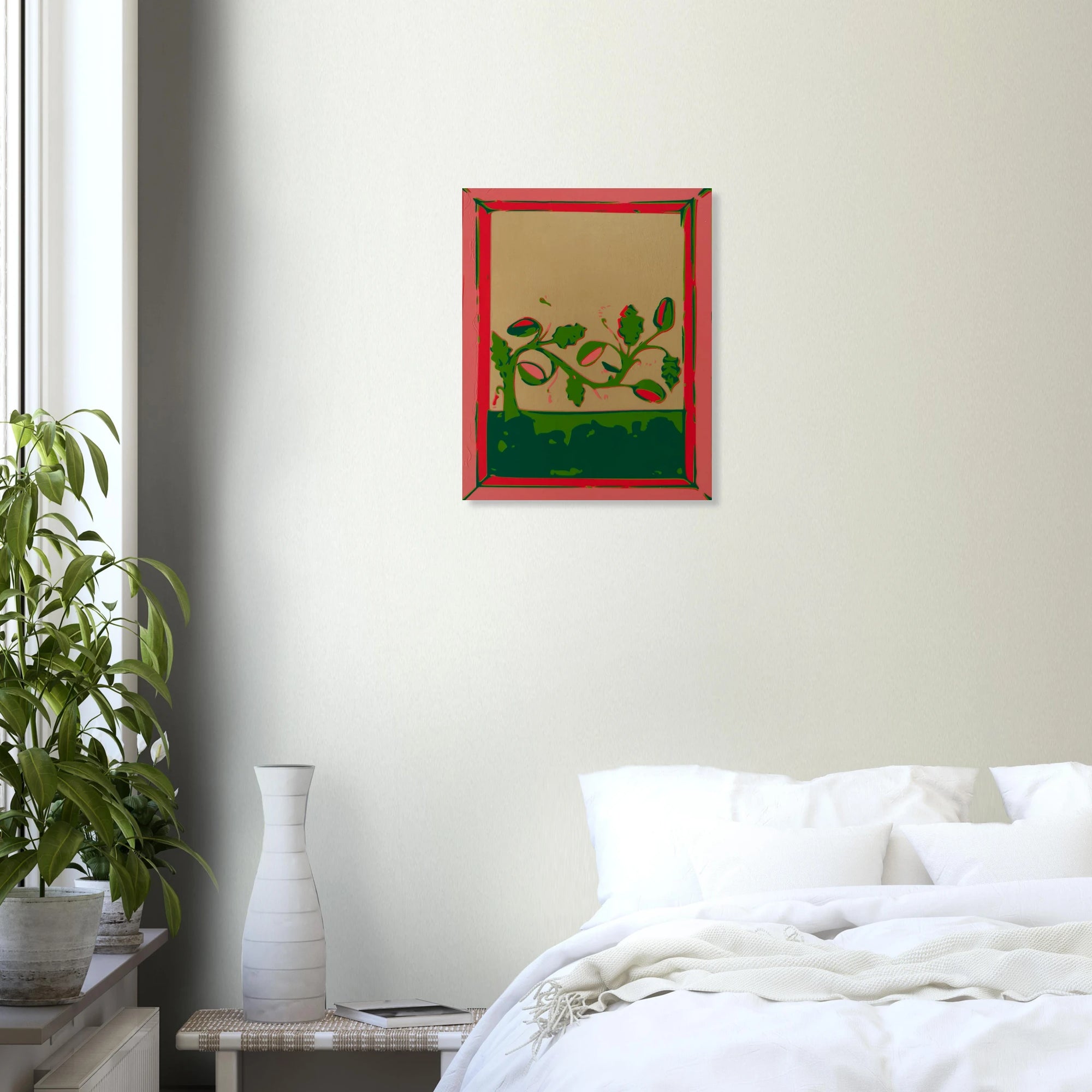 Trailing Watermelon Vine print displayed in bright bedroom setting