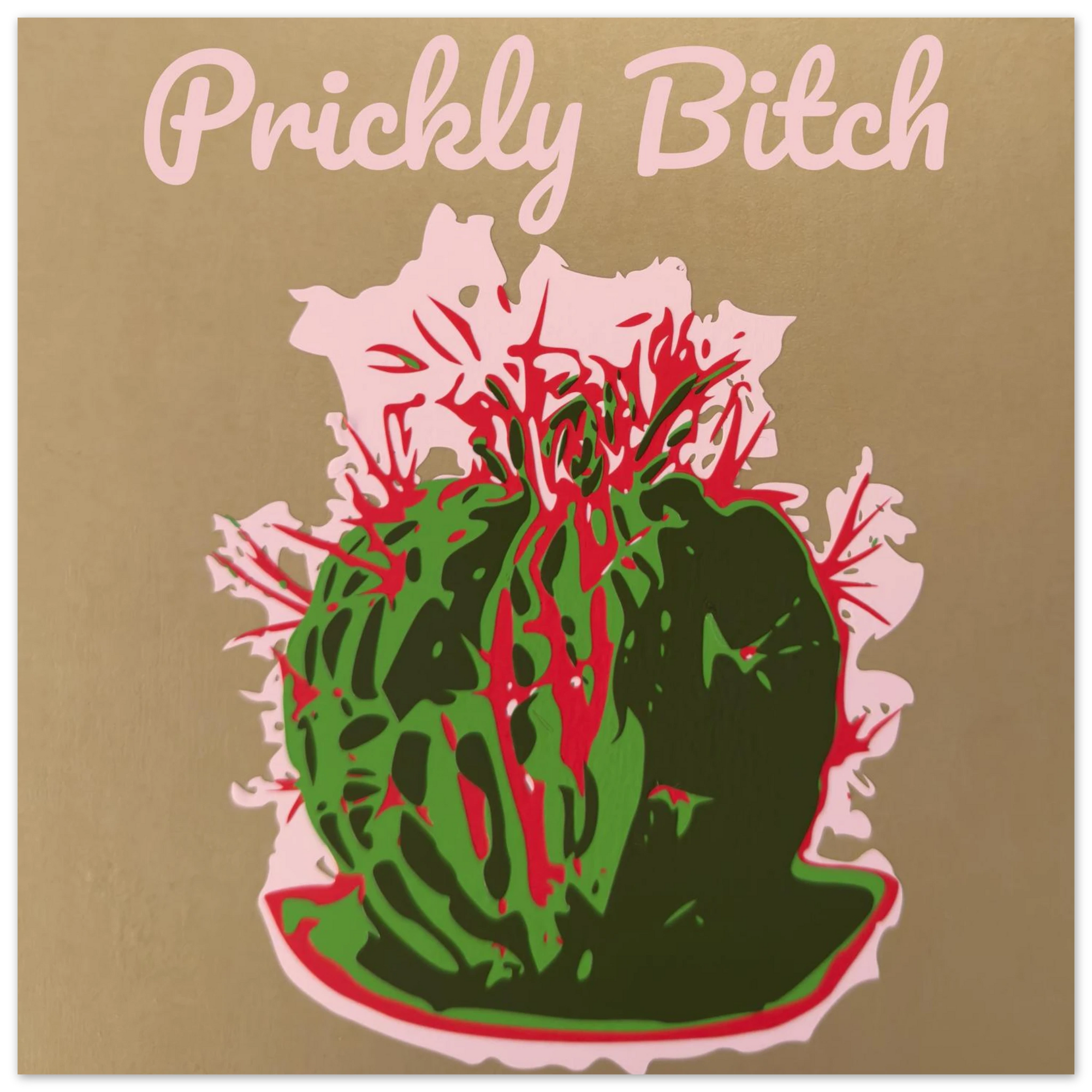 Prickly Bitch cactus crown art print in pink and green on warm gold by Botanical Mouth