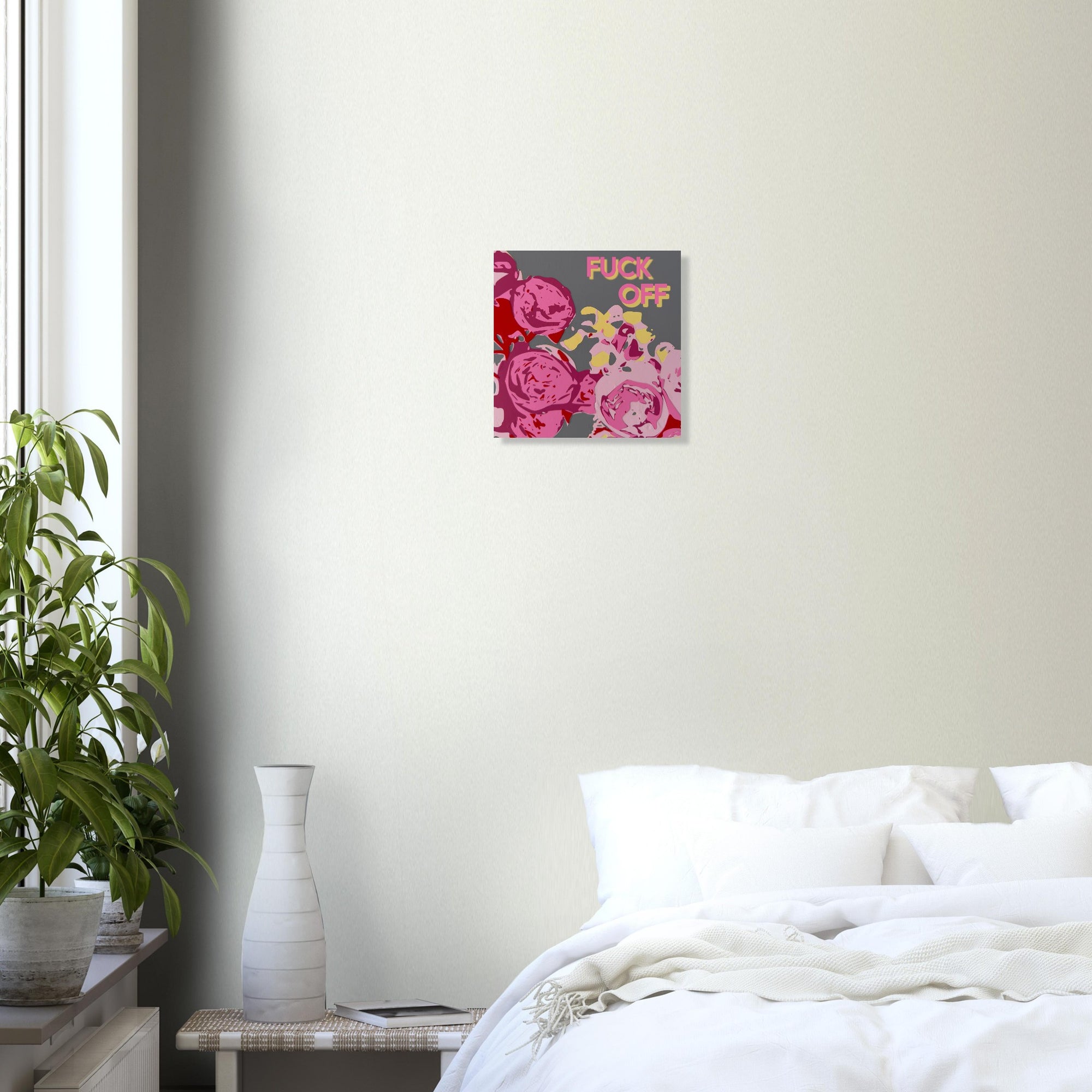 Fuck Off garden roses print displayed in minimalist dining area