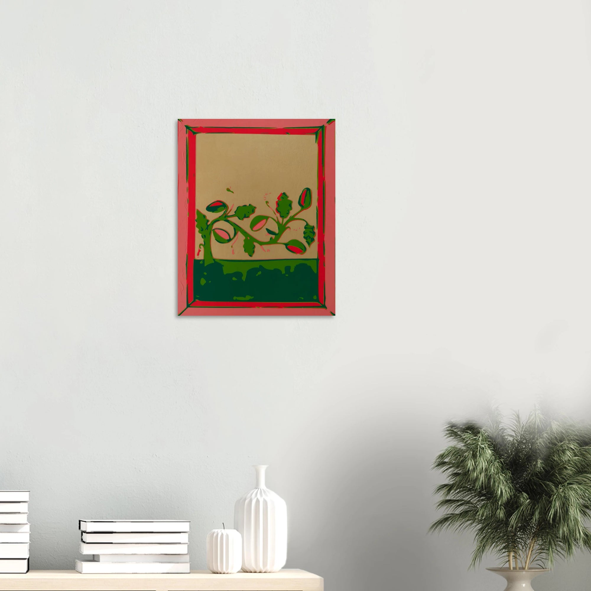 Trailing Watermelon Vine print on textured dark wall above white sofa
