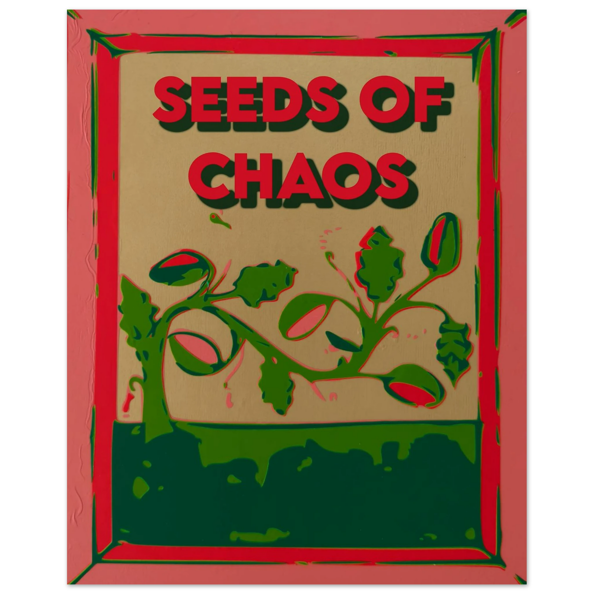 Seeds of Chaos watermelon vine art print in coral pink green and warm gold by Botanical Mouth