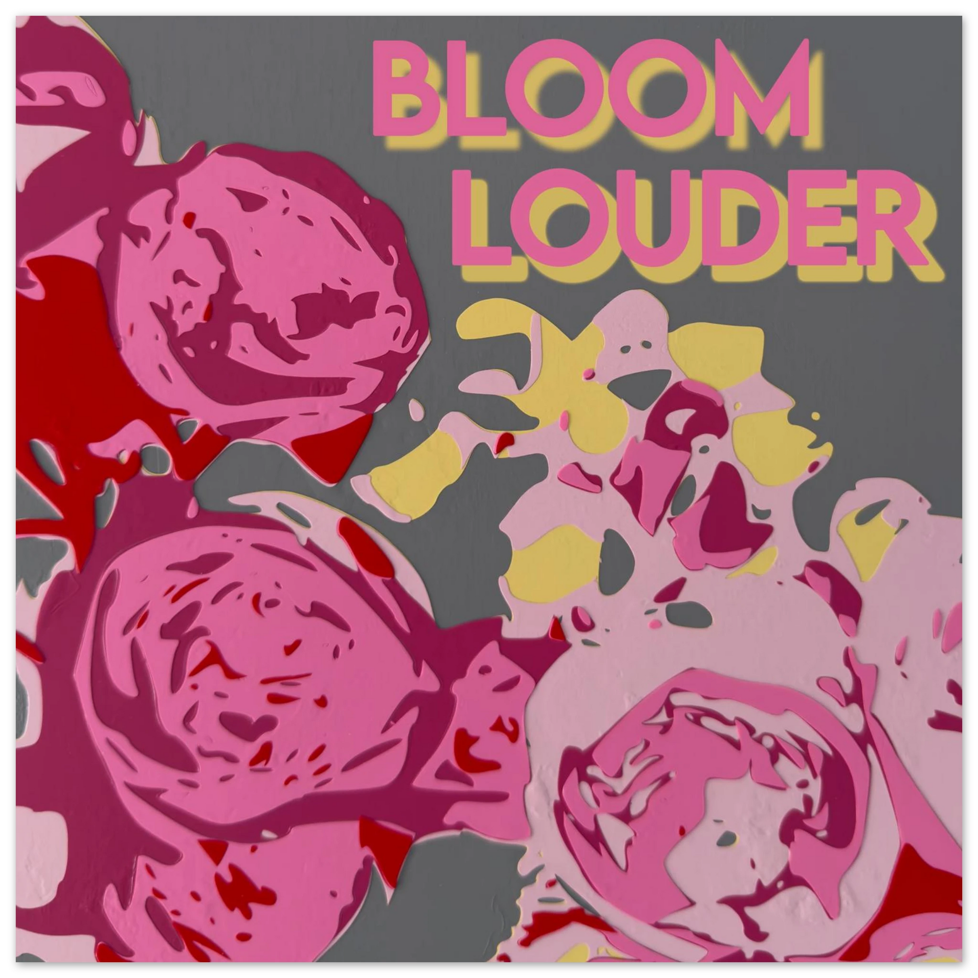 Bloom Louder garden roses print displayed in modern living room with neutral walls