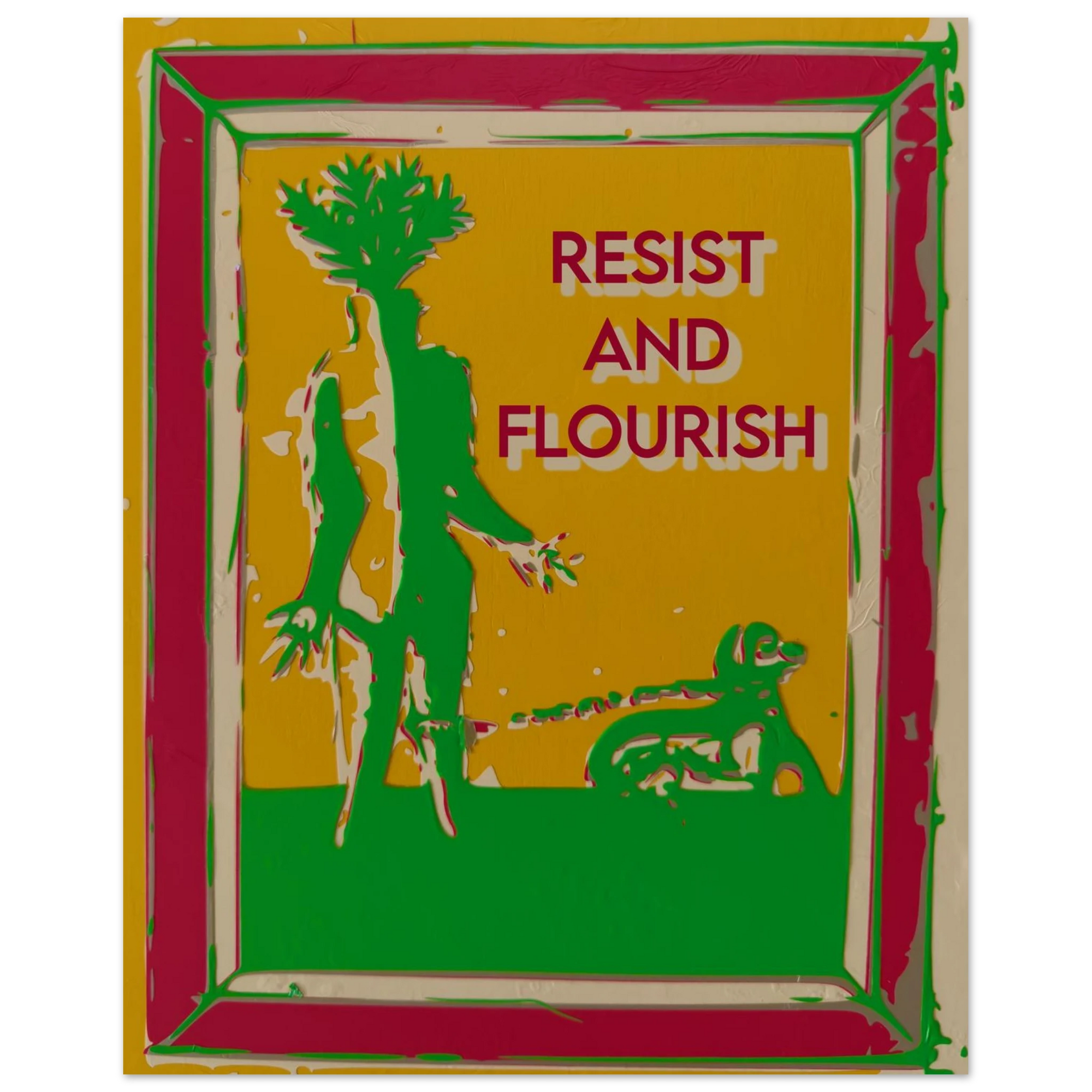 Resist and Flourish mandrake with dog art print in green ochre and crimson by Botanical Mouth