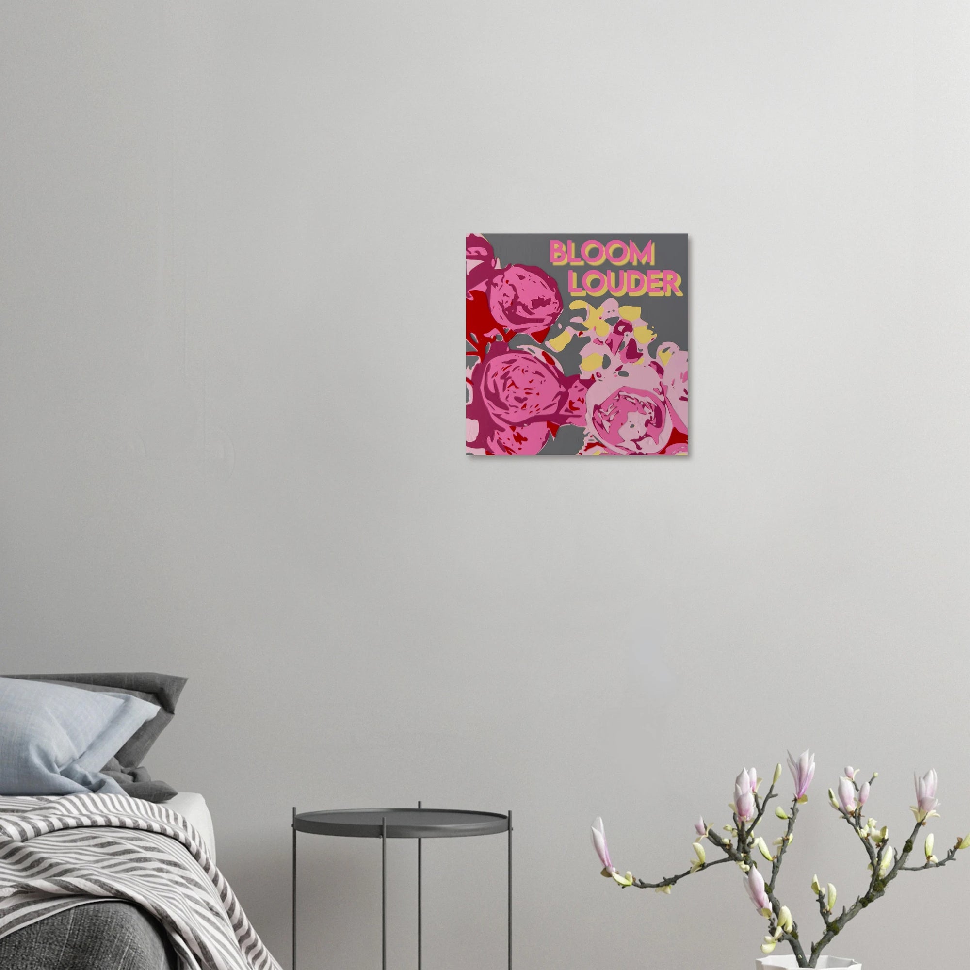 Bloom Louder garden roses print displayed in minimalist dining area