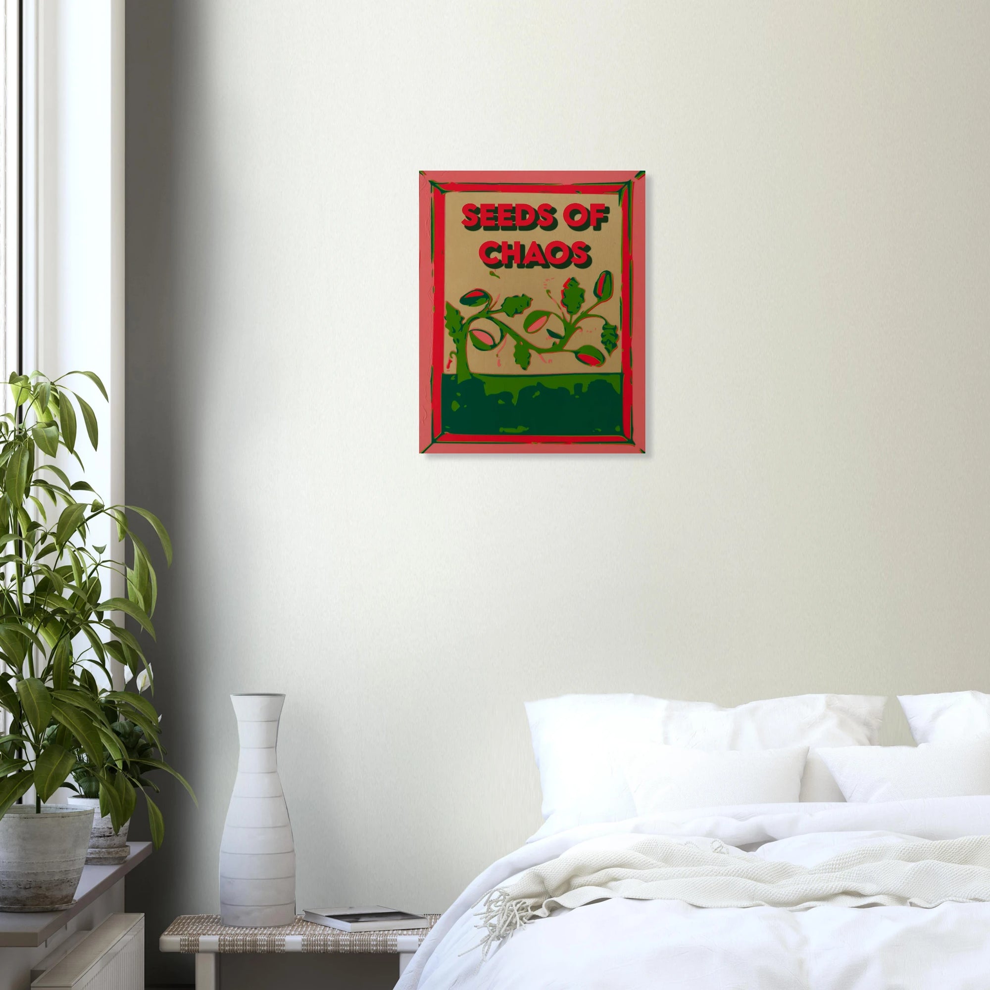 Seeds of Chaos watermelon vine print displayed in bright bedroom setting