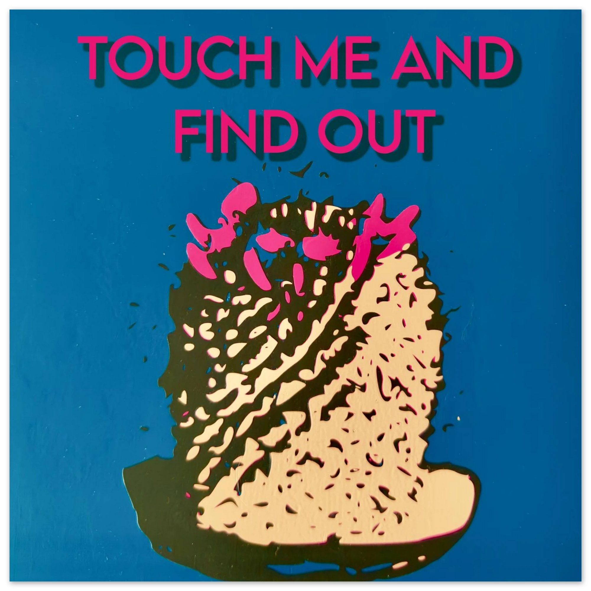 Touch Me and Find Out cactus print displayed in modern living room with neutral walls