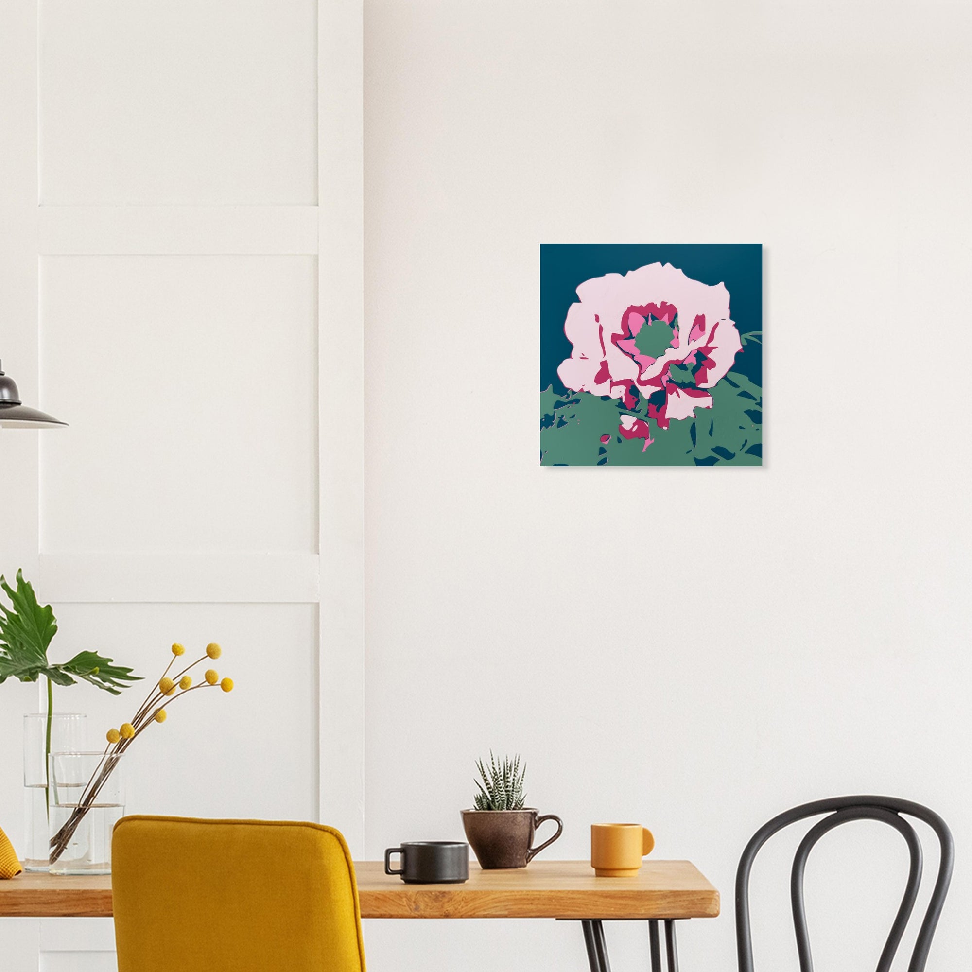 Japanese Peony print in scandinavian style room with plants