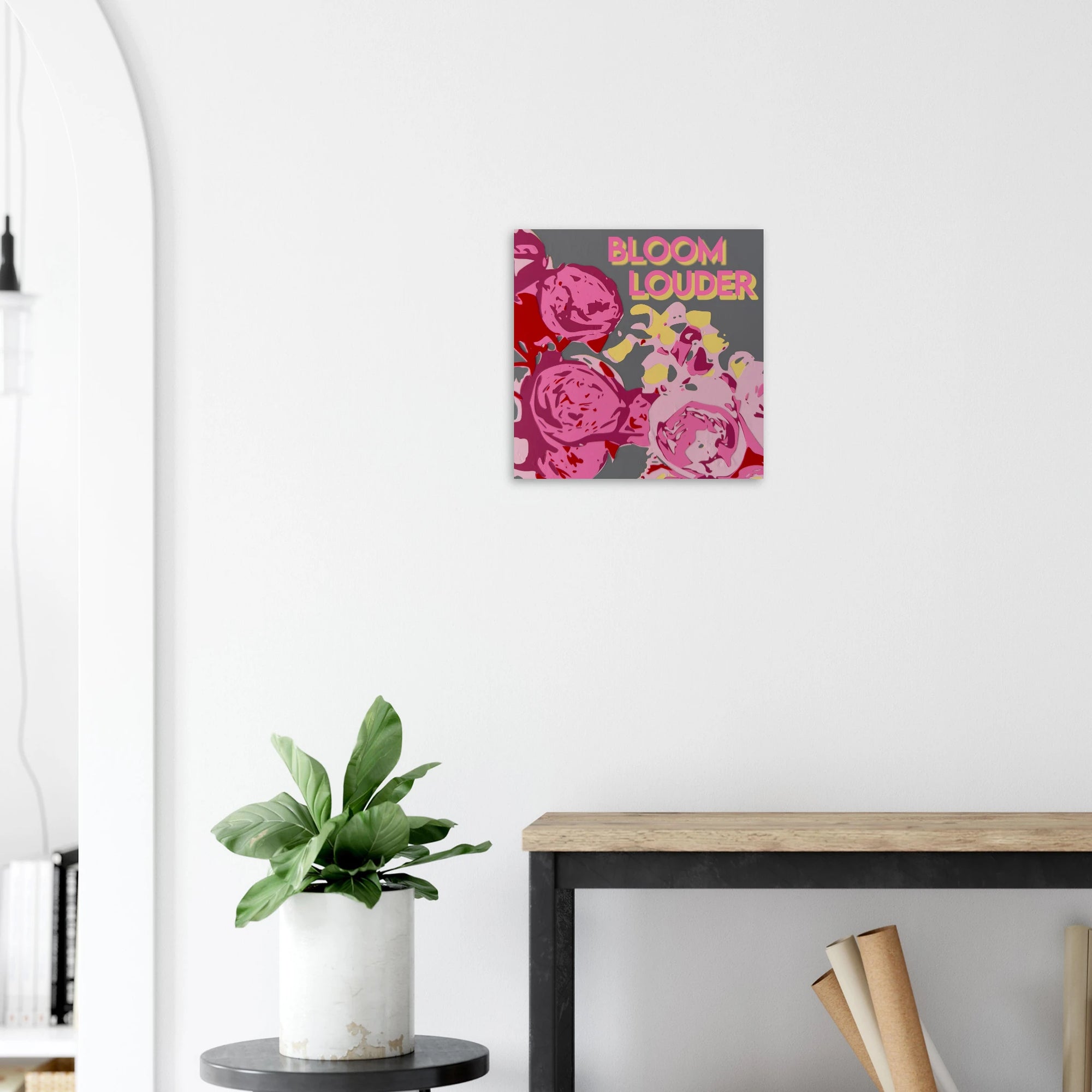 Bloom Louder garden roses print in scandinavian style room with plants