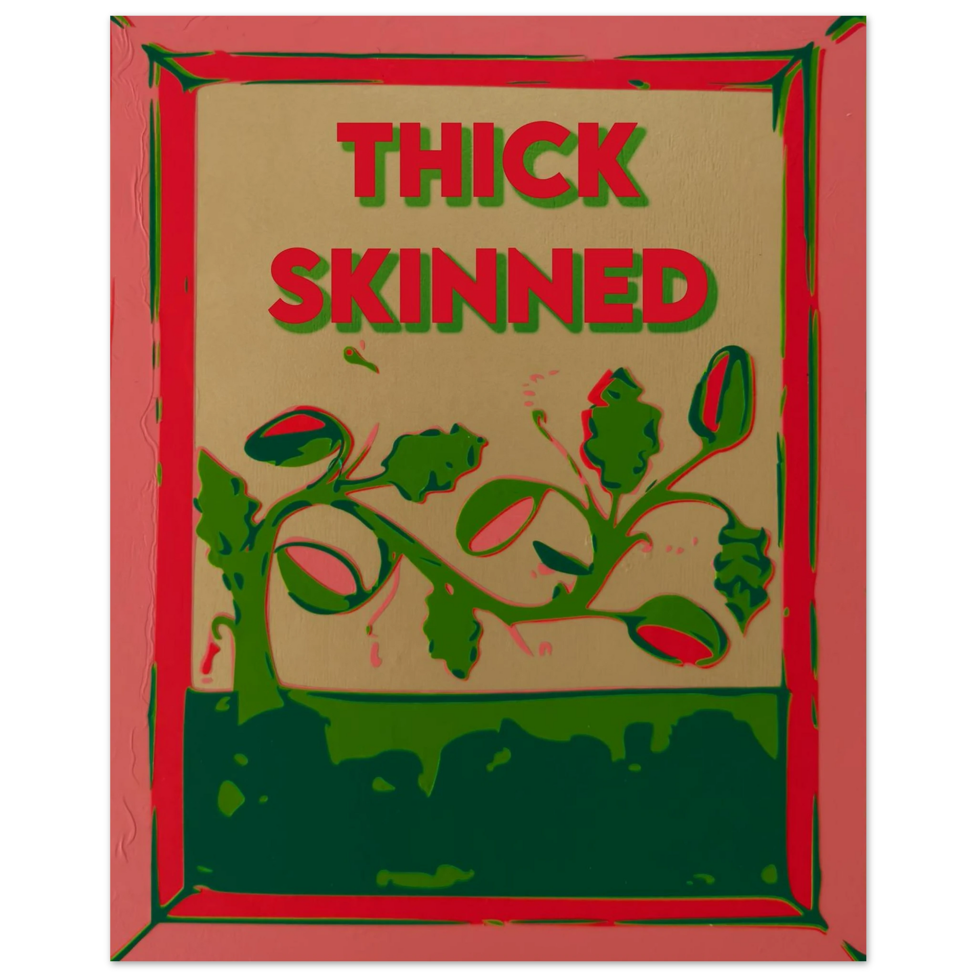 Thick Skinned watermelon vine art print in coral pink green and warm gold by Botanical Mouth
