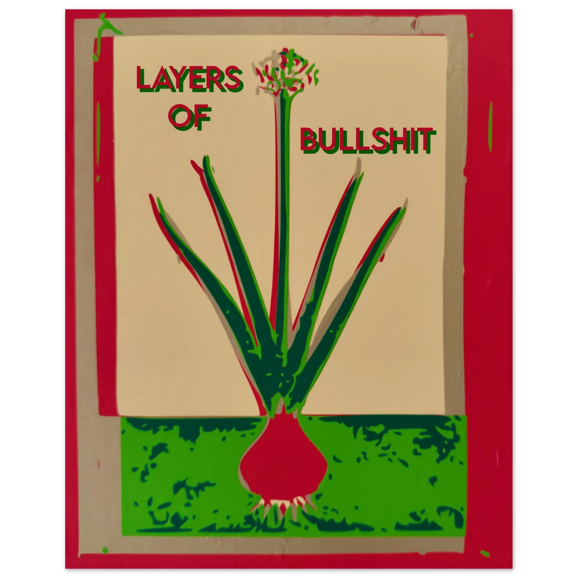 Layers of Bullshit allium art print in crimson and green vintage apothecary style by Botanical Mouth