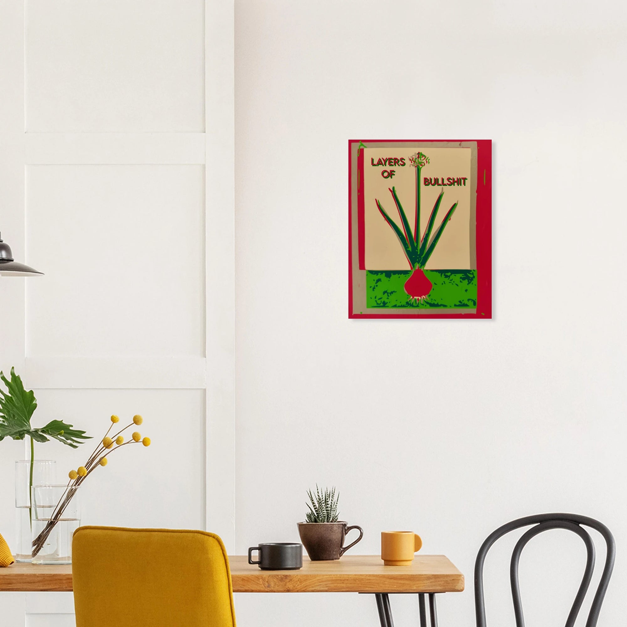 Layers of Bullshit allium print displayed in bright bedroom setting