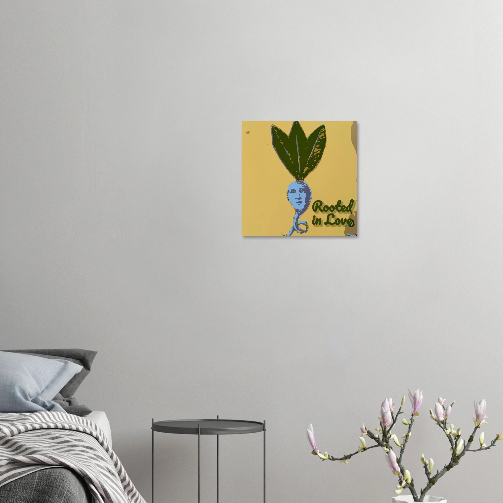 Rooted in Love mandrake print displayed in minimalist dining area