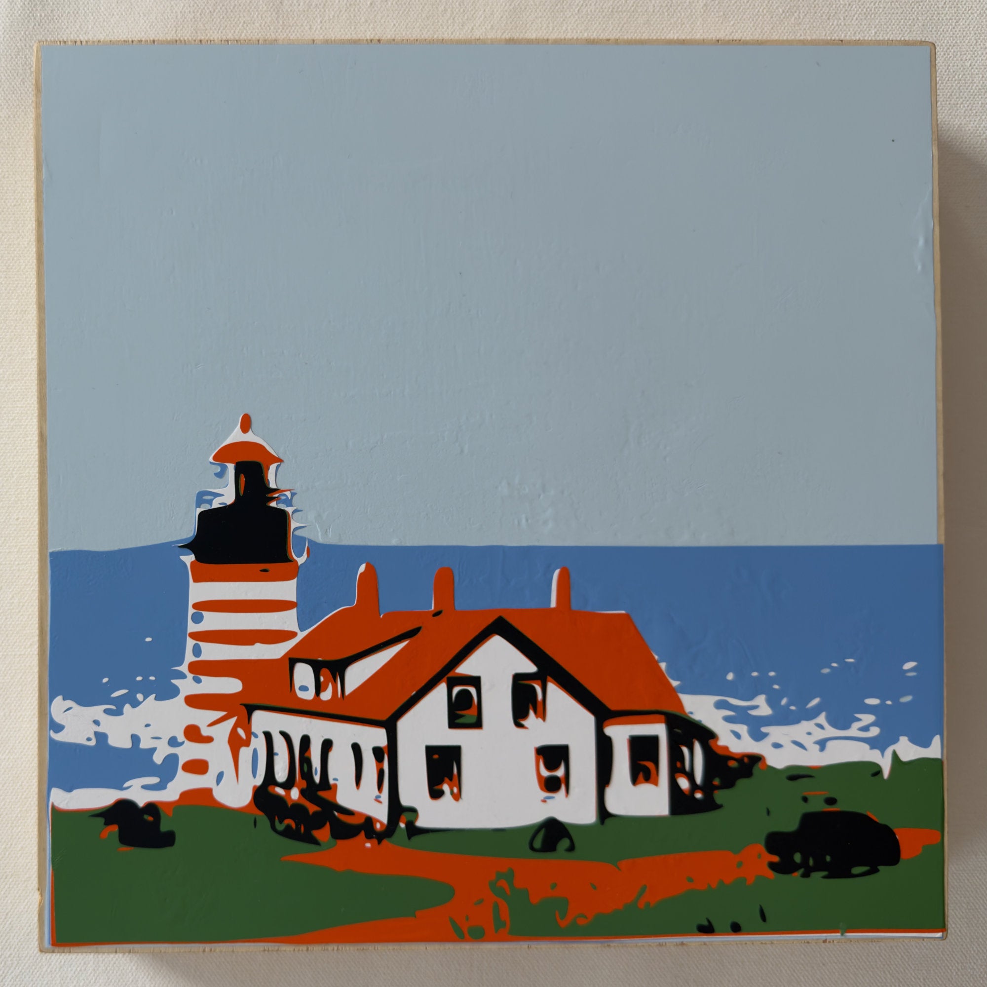 West Quoddy Maine Lighthouse in Vermillion | Original Hand-Layered Vinyl on Cradled Birch Panel