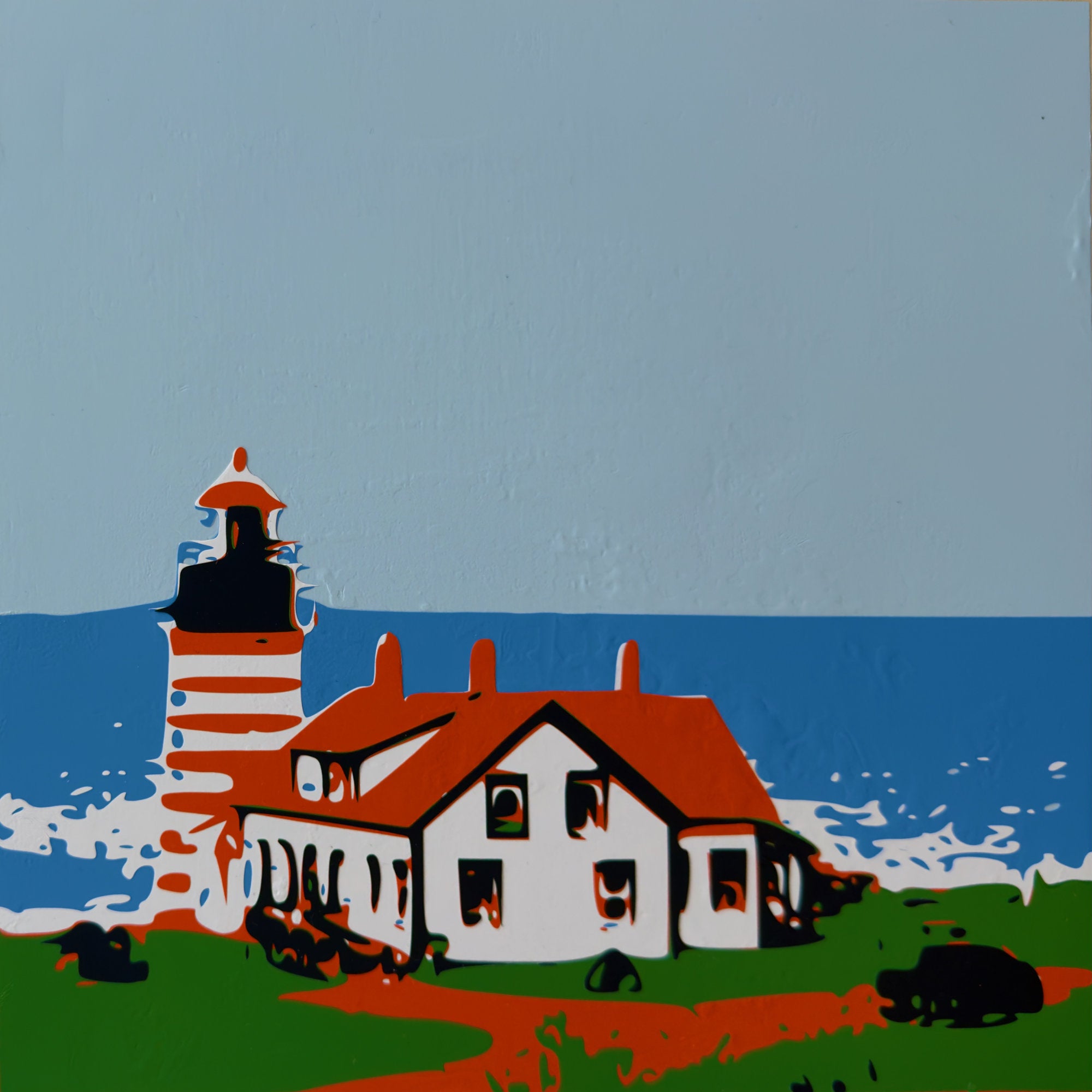 West Quoddy Maine Lighthouse in Vermillion | Original Hand-Layered Vinyl on Cradled Birch Panel