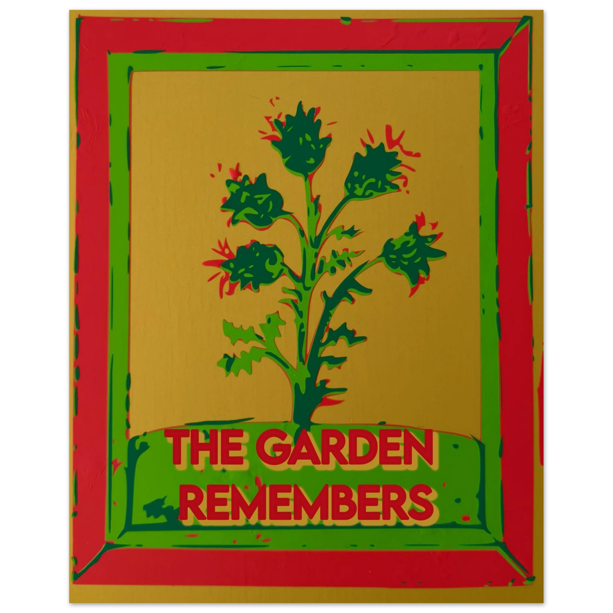 The Garden Remembers thistle art print in green gold and crimson frame by Botanical Mouth