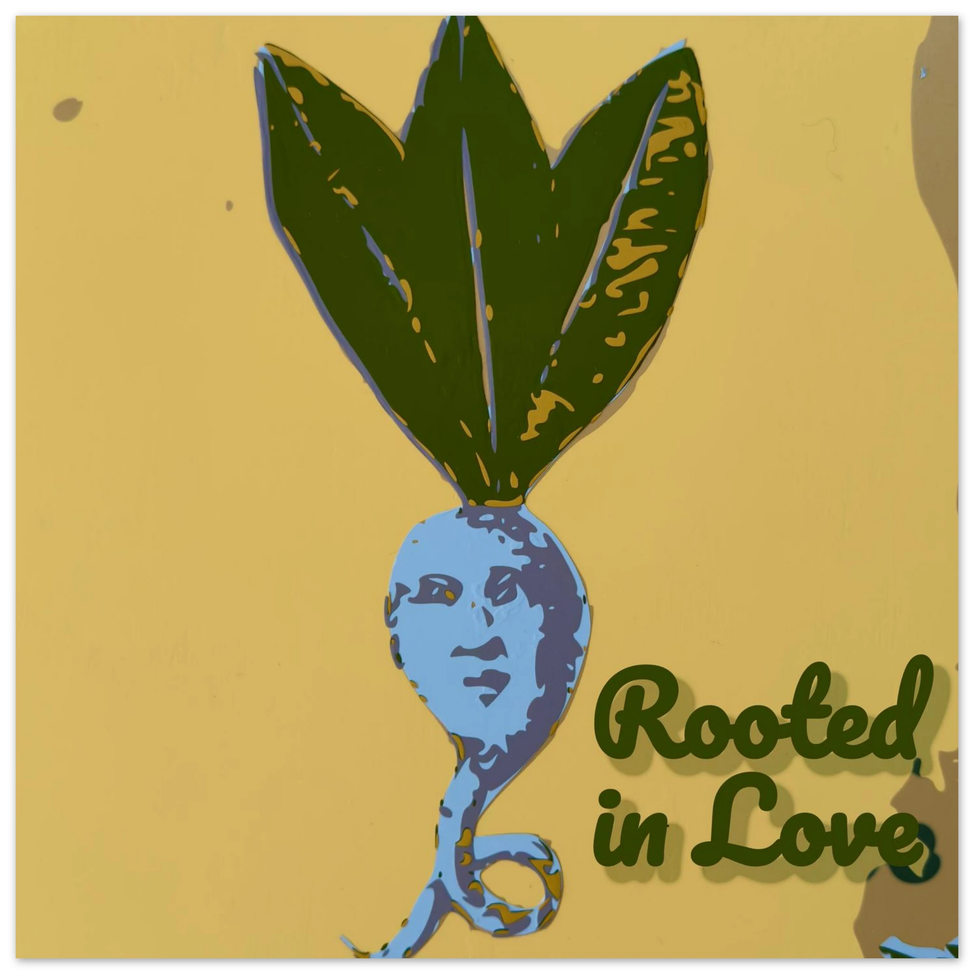 Rooted in Love mandrake art print in mustard yellow and blue-green by Botanical Mouth