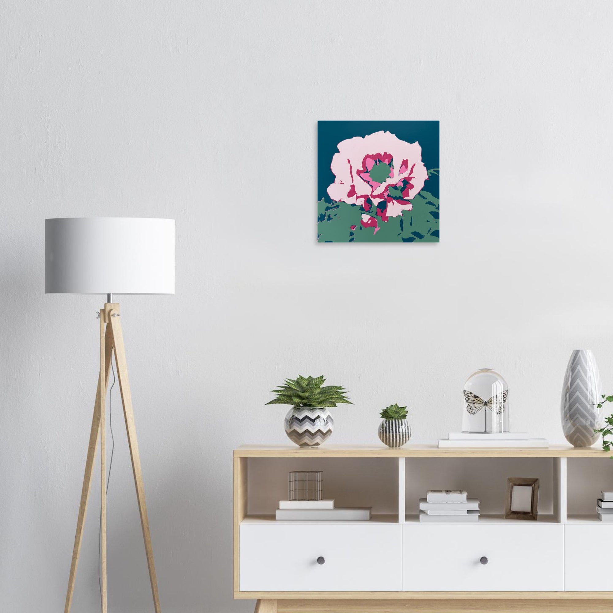 Japanese Peony print displayed in hallway with natural light