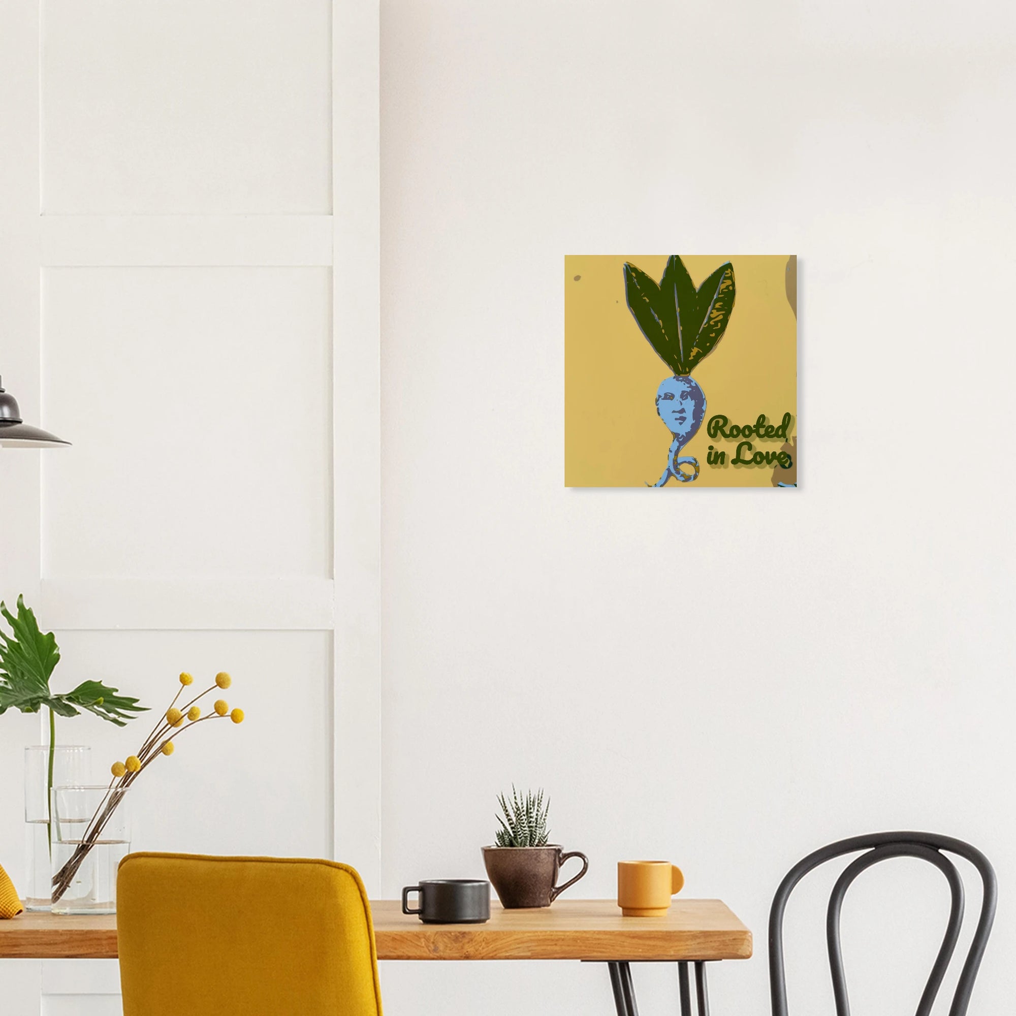 Rooted in Love mandrake print in warm bohemian room with macrame wall hanging