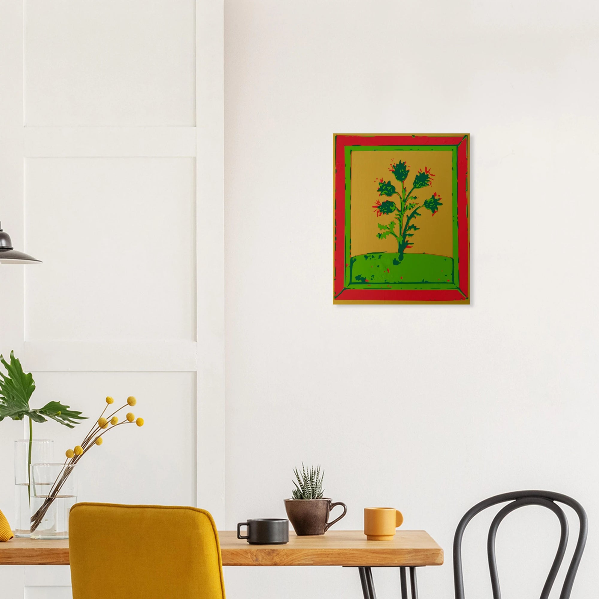 Vintage Thistle print displayed in bright bedroom setting
