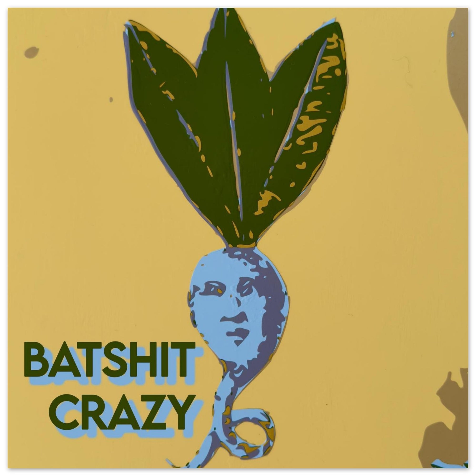 Batshit Crazy mandrake root art print in blue-green and warm mustard by Botanical Mouth