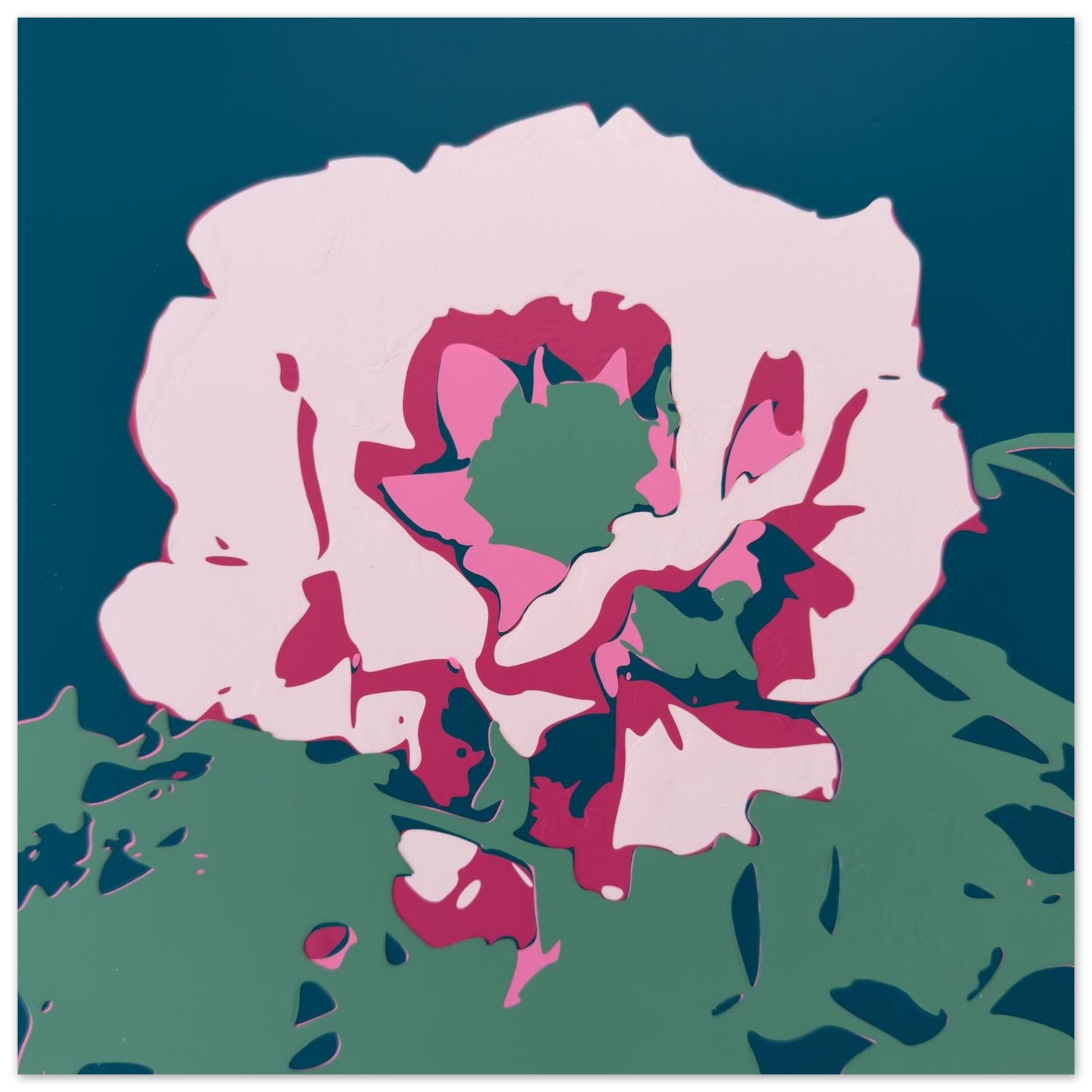 Japanese Peony botanical art print in layered pinks and deep teal by Botanical Mouth