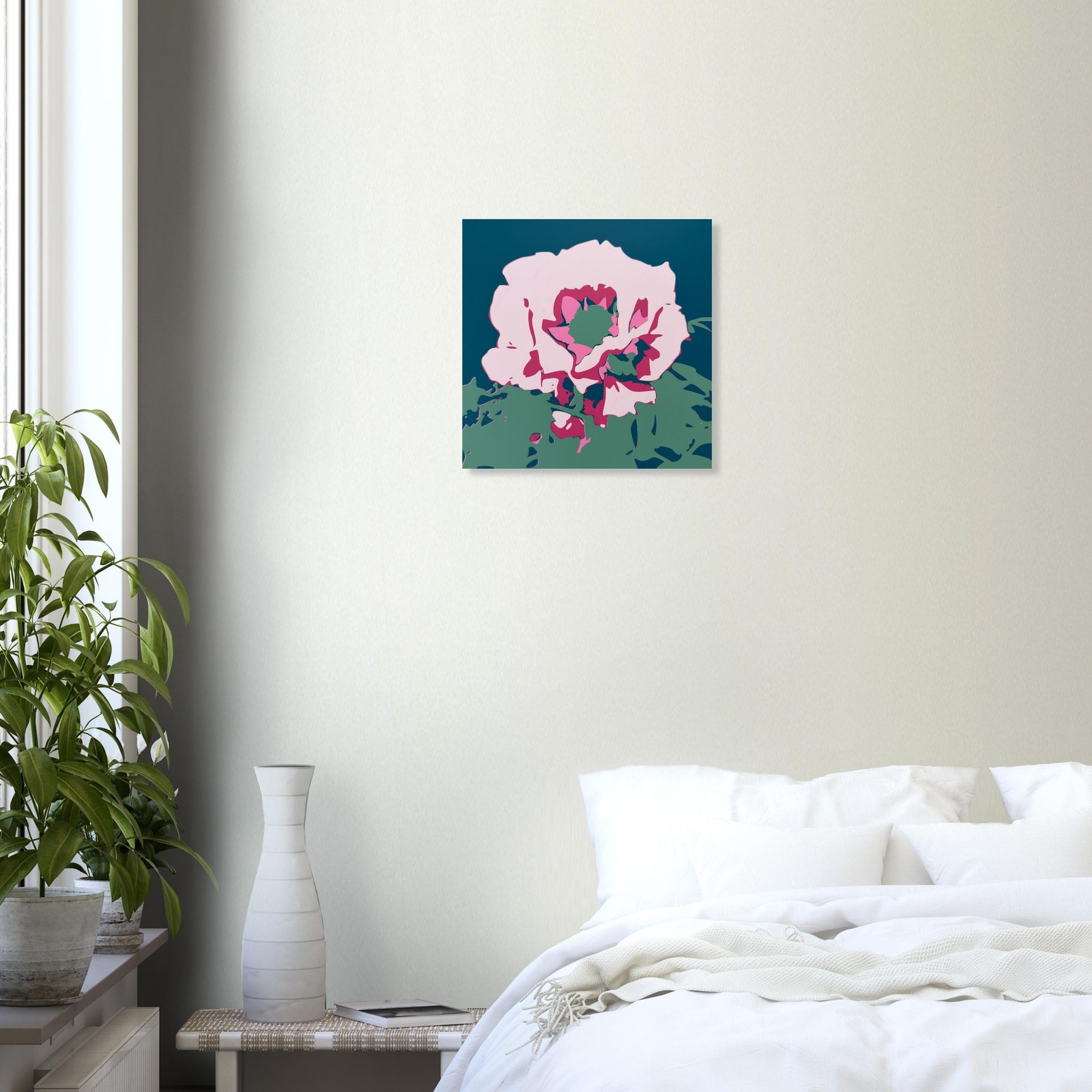 Japanese Peony print on textured dark wall above white sofa