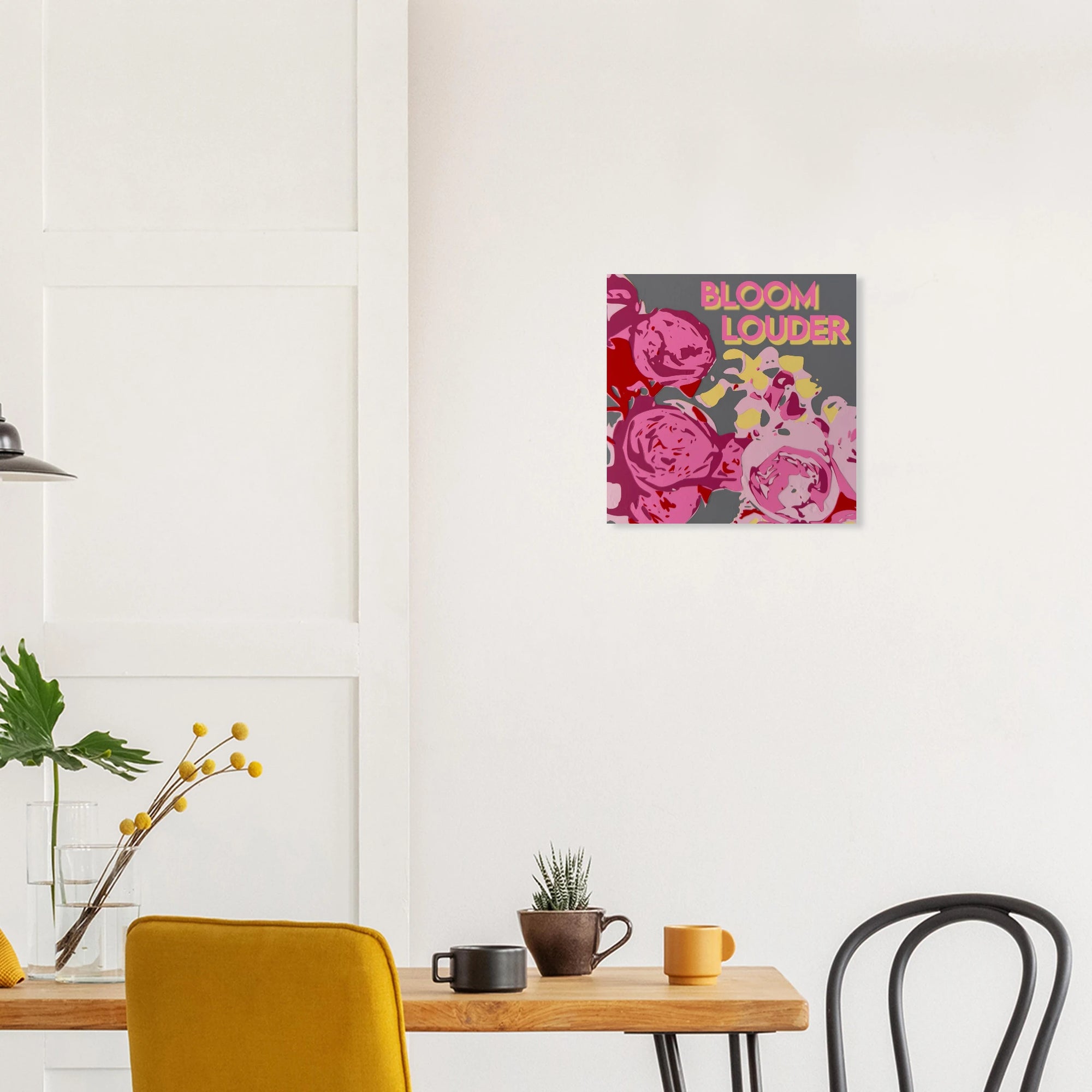 Bloom Louder garden roses print in warm bohemian room with macrame wall hanging