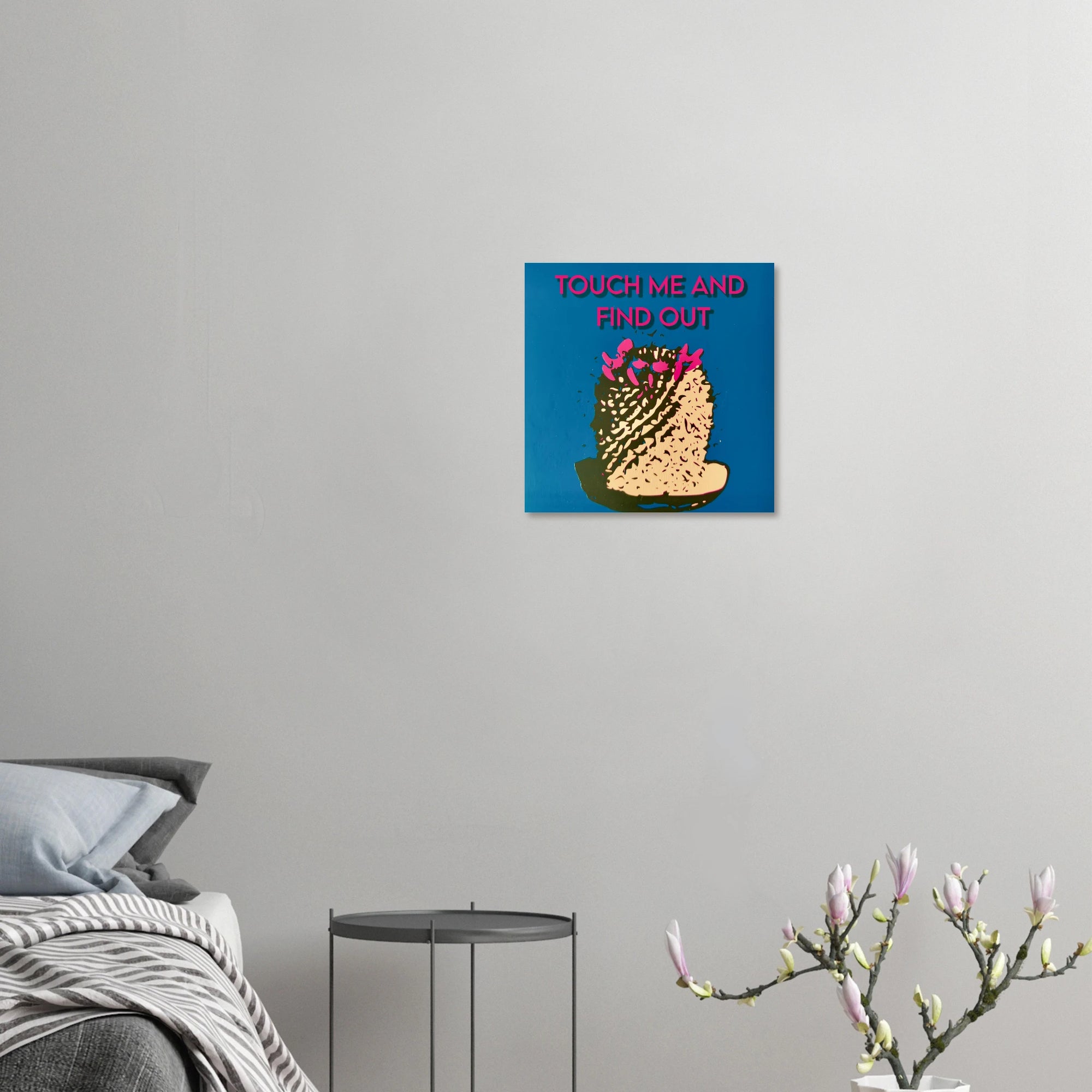 Touch Me and Find Out cactus print displayed in minimalist dining area