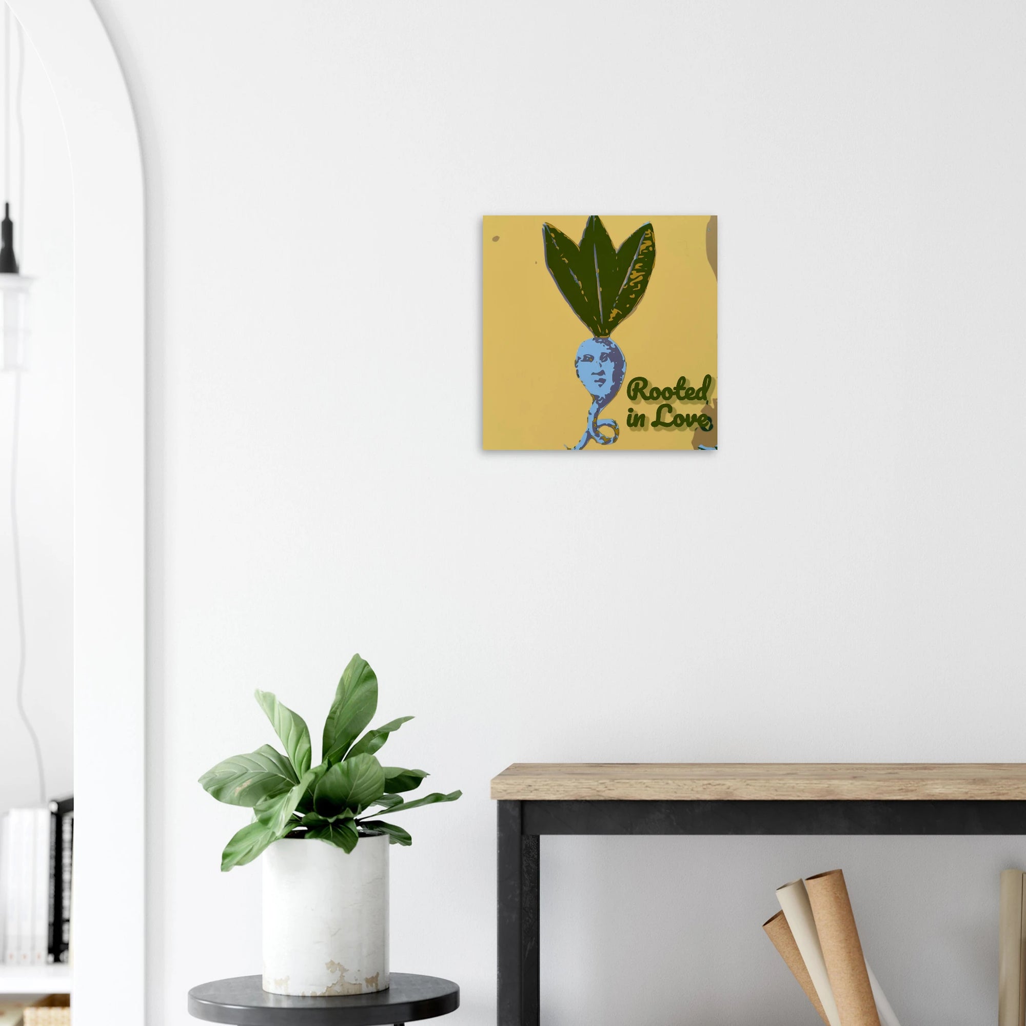 Rooted in Love mandrake print in scandinavian style room with plants