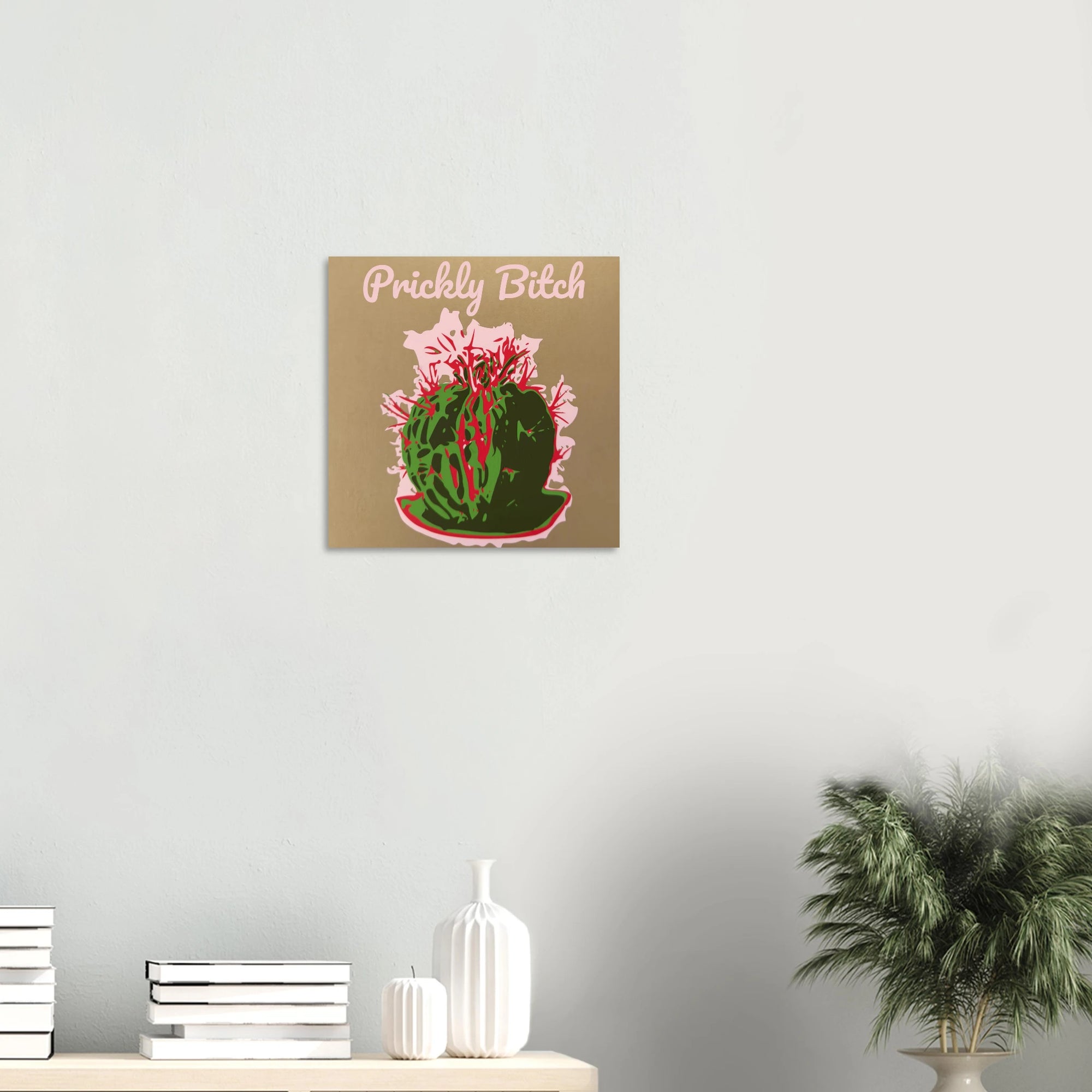 Prickly Bitch cactus crown print displayed in bright bedroom setting