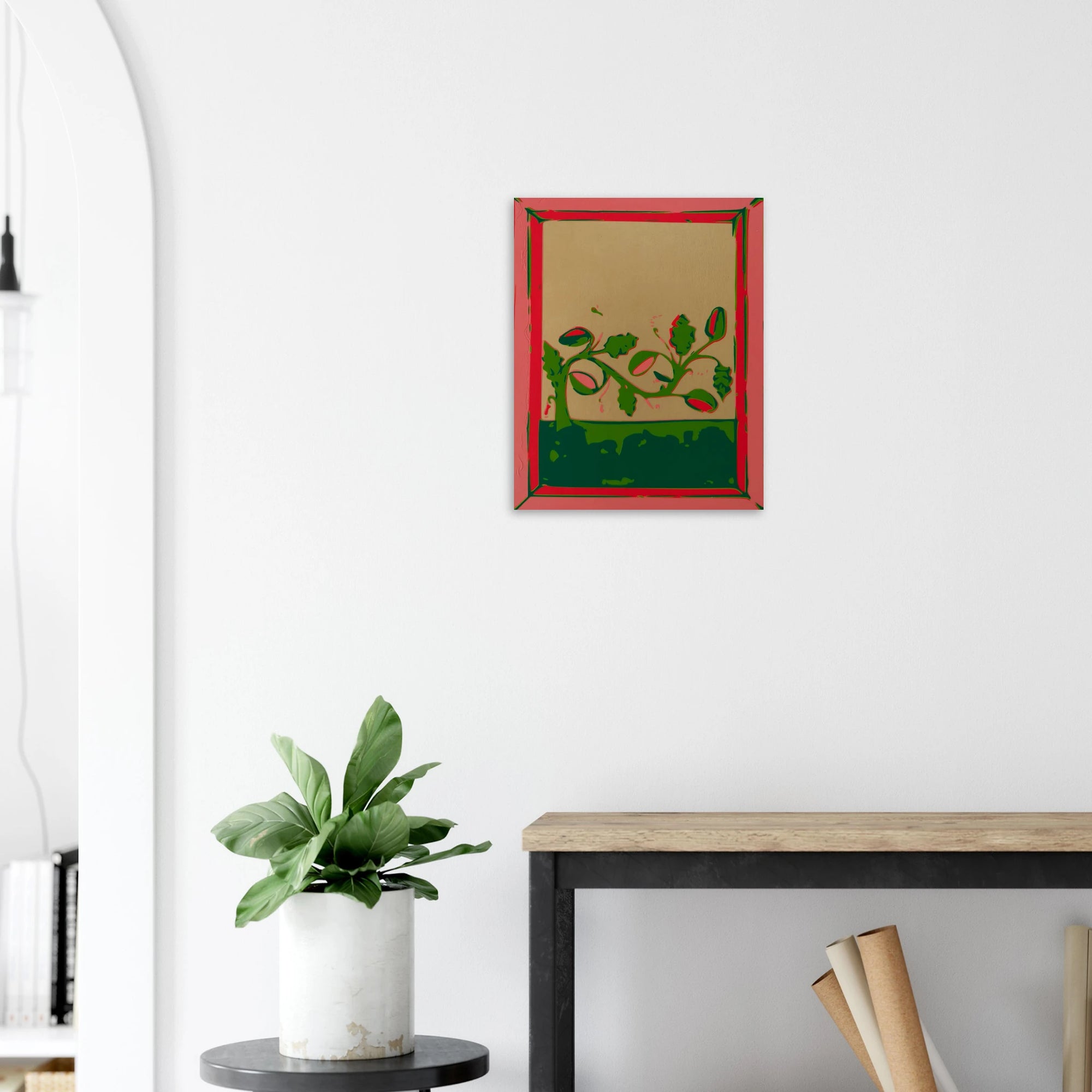 Trailing Watermelon Vine print displayed in minimalist dining area