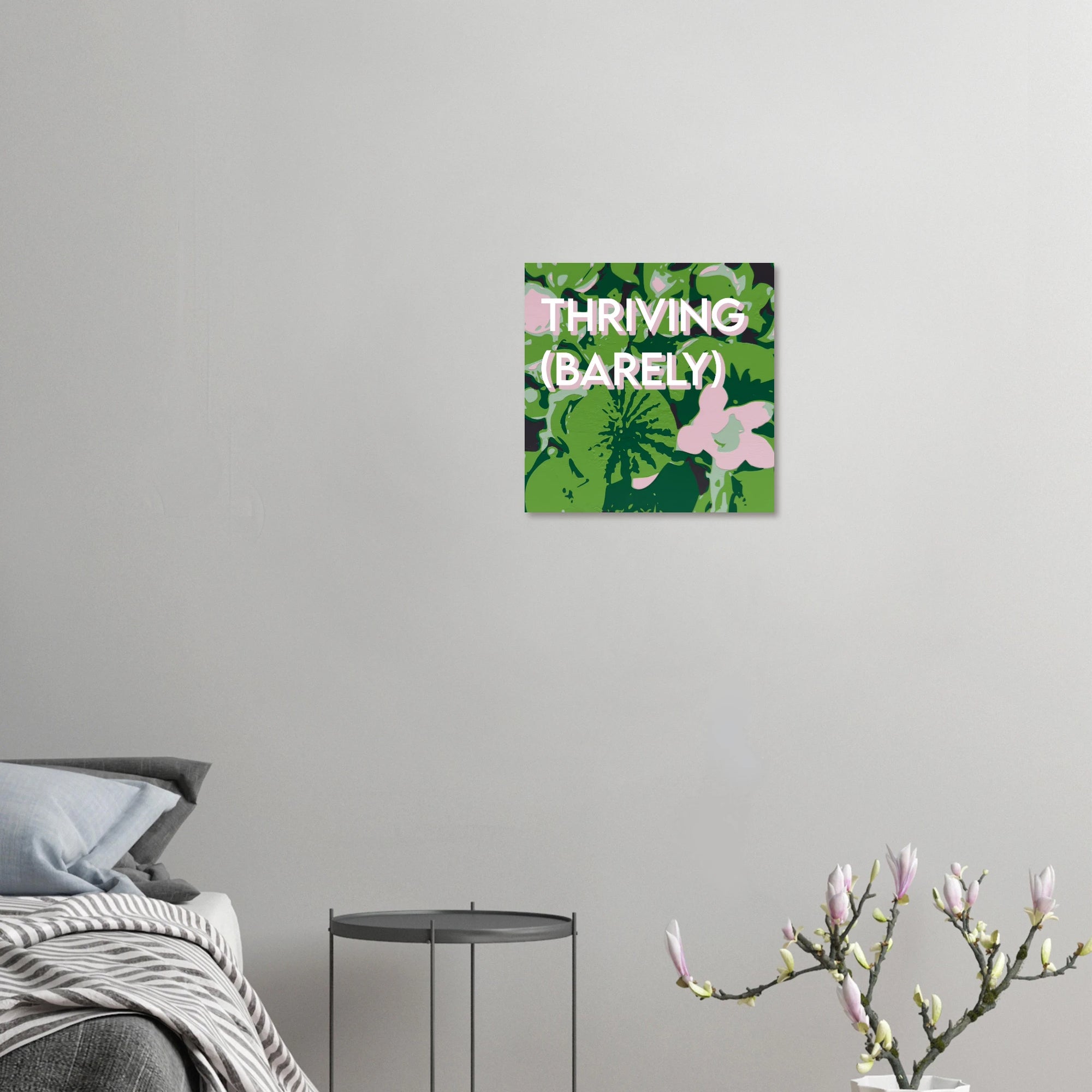 Thriving Barely lily print displayed in modern living room with neutral walls