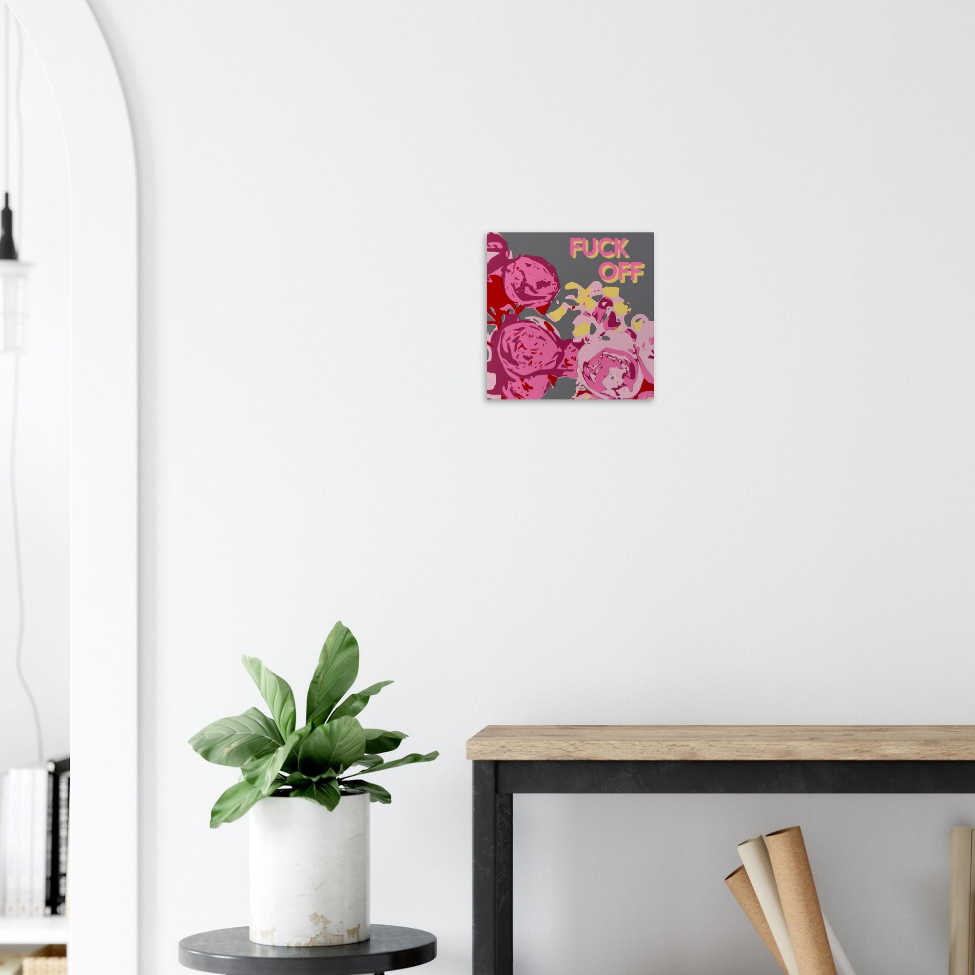 Fuck Off garden roses print displayed in bright bedroom setting