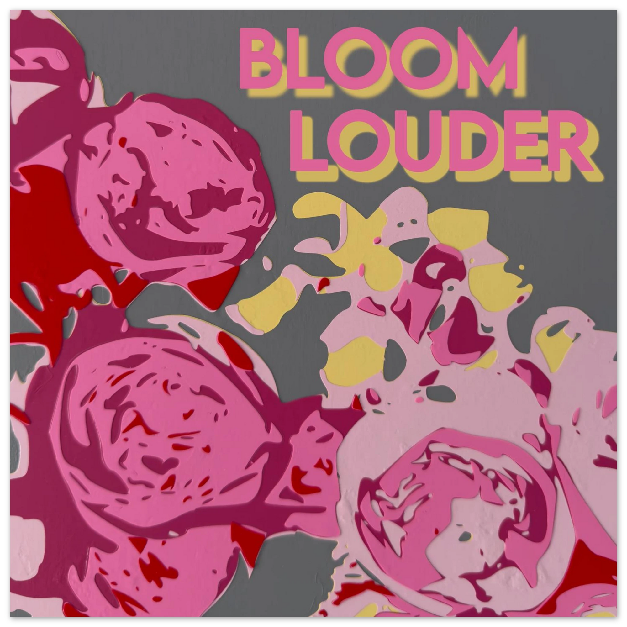 Bloom Louder garden roses art print in hot pink magenta and yellow on cool gray by Botanical Mouth