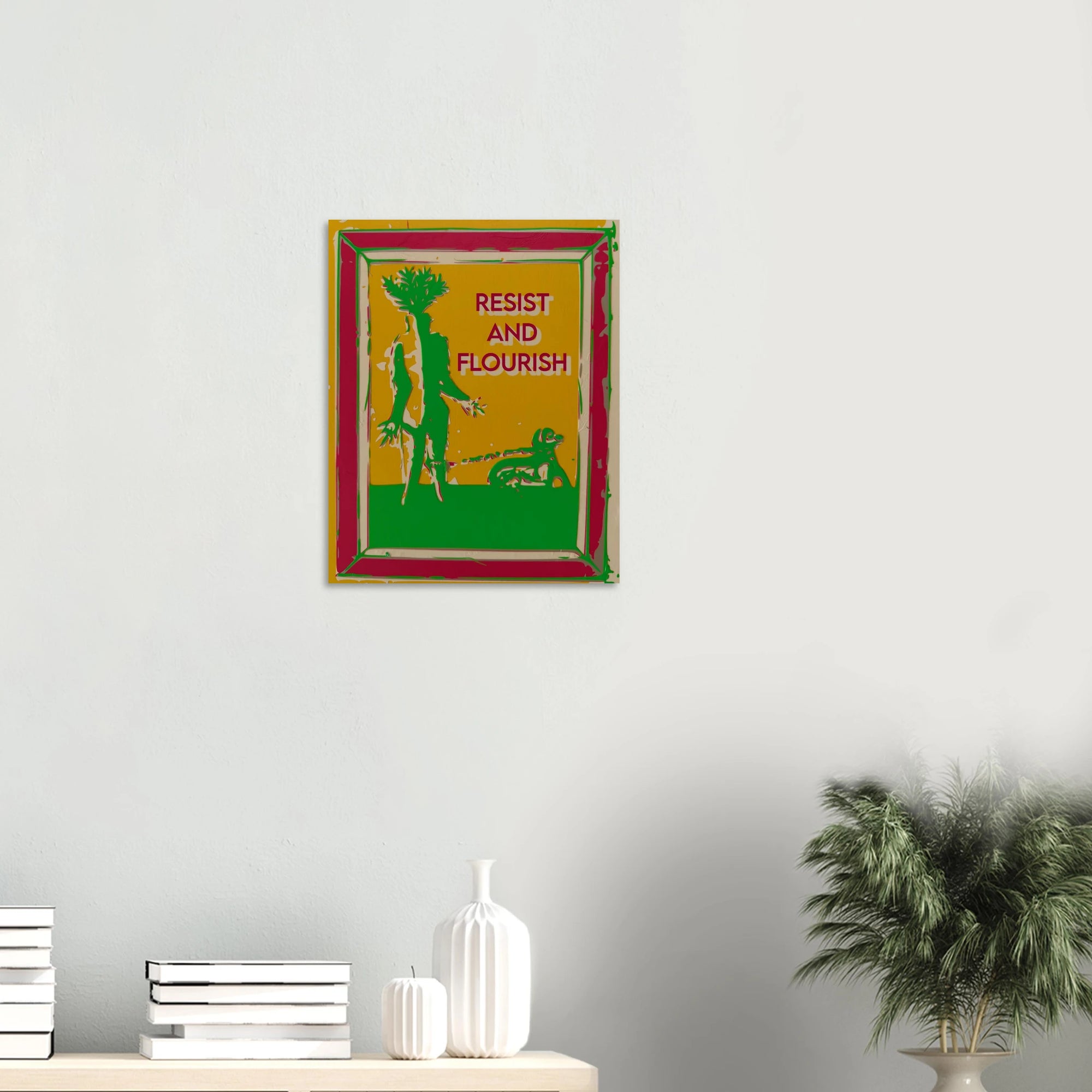 Resist and Flourish mandrake with dog print on textured dark wall above white sofa
