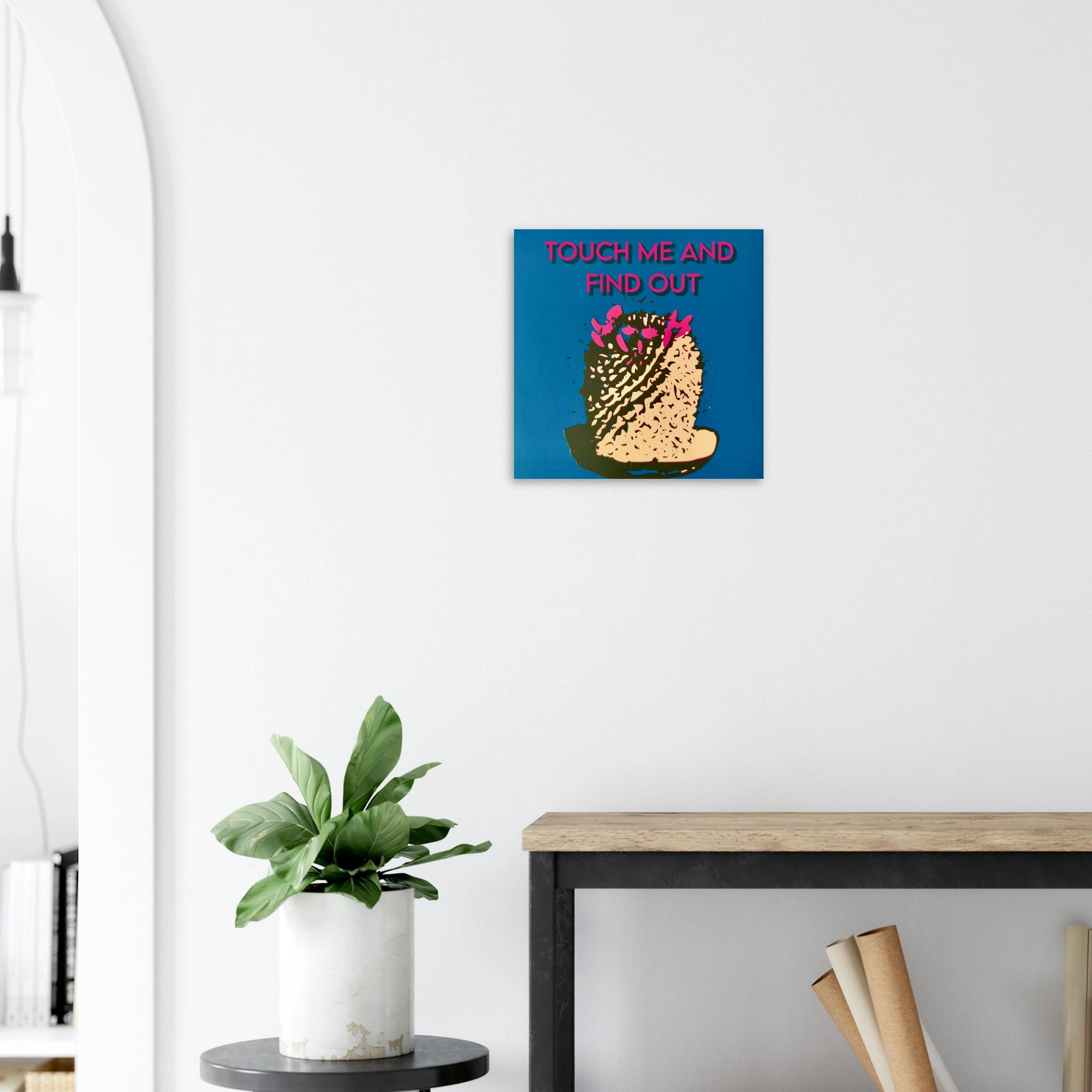 Touch Me and Find Out cactus print in scandinavian style room with plants